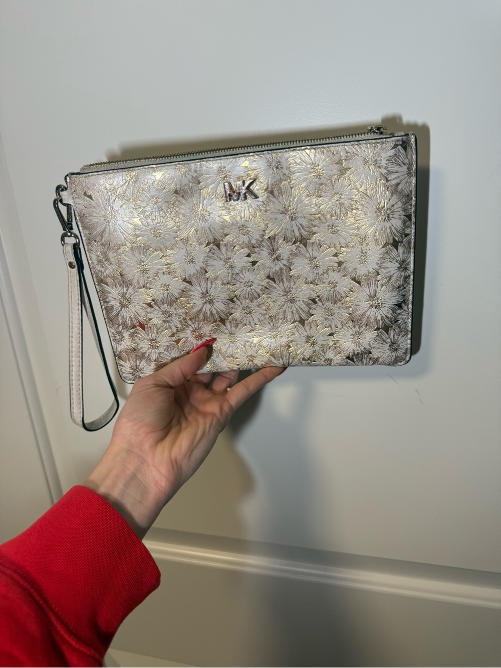 Michael Kors Cream Floral Embossed Wristlet with Gold Accents